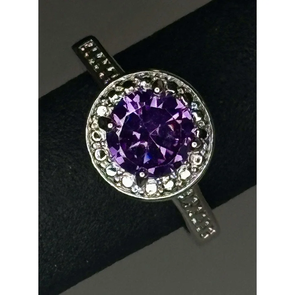 Purple Glass Halo Ring Silver Tone Round Cut Sparkle Cocktail Size 8